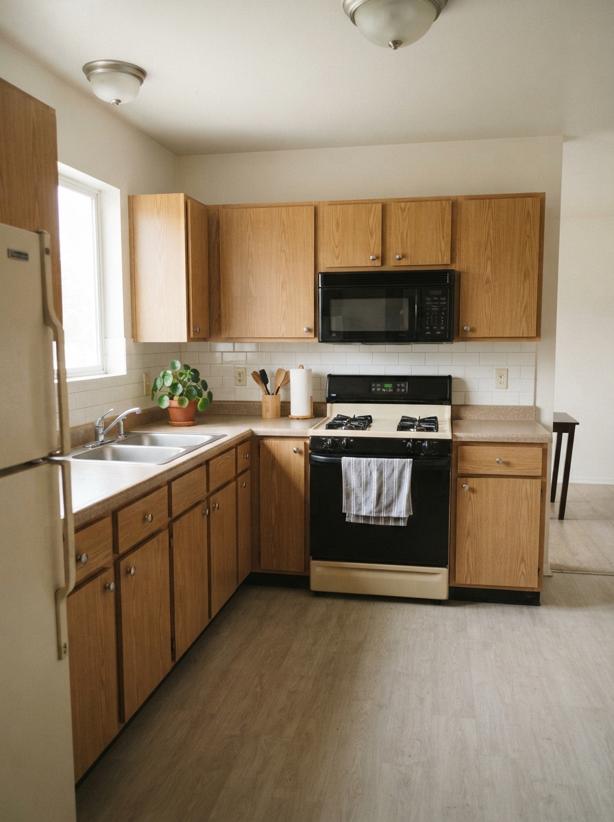 Small Kitchen Decor on a Rental Budget 2 Small Kitchen Decor on a Rental Budget Plain rental kitchen with builder-grade cabinets before decorating