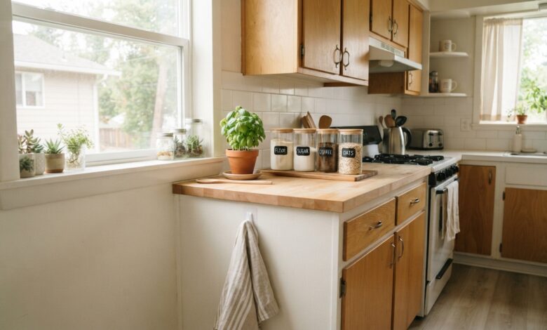 Small rental kitchen styled with a linen towel, potted herb, and matching jars