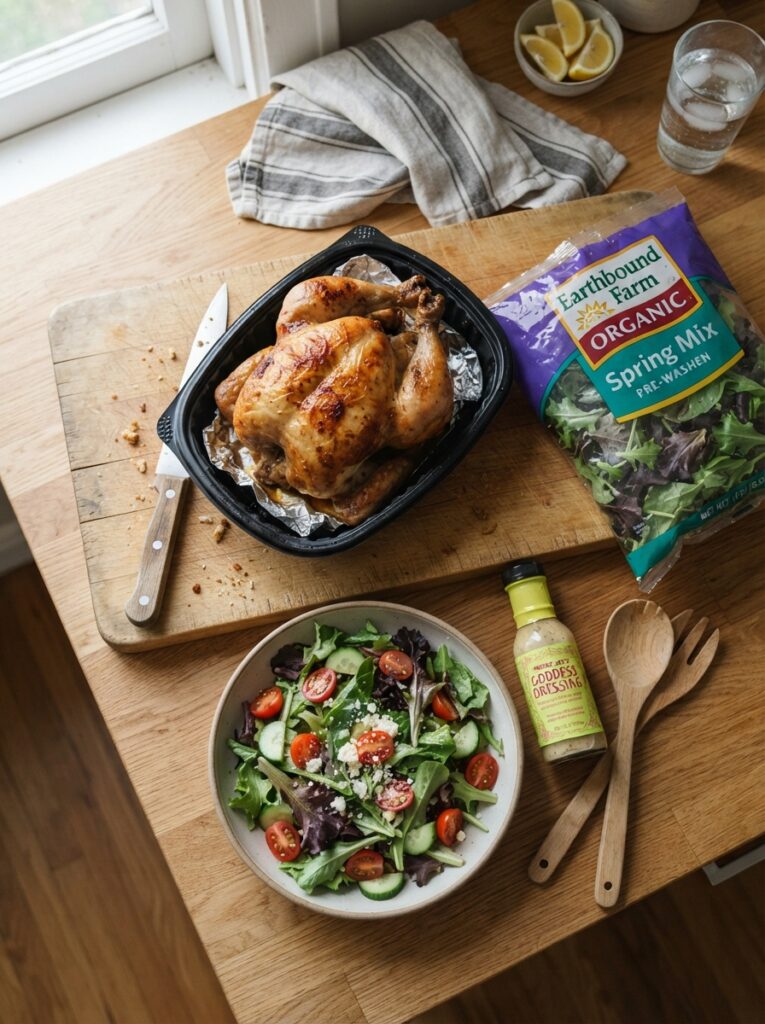 Store-bought rotisserie chicken and a bag of salad greens on a counter