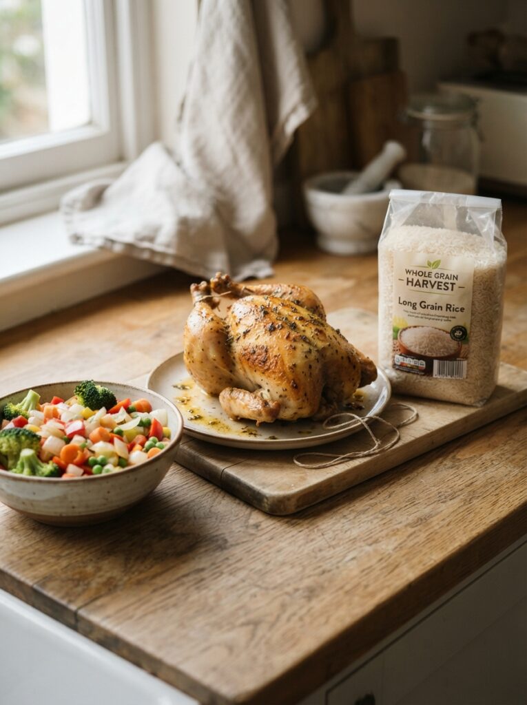 15 Cooking Tips for Busy Families to Save Time, Eat Healthier, and Stress Less 5 15 Cooking Tips for Busy Families to Save Time, Eat Healthier, and Stress Less Rotisserie chicken, rice, and vegetables on a kitchen counter