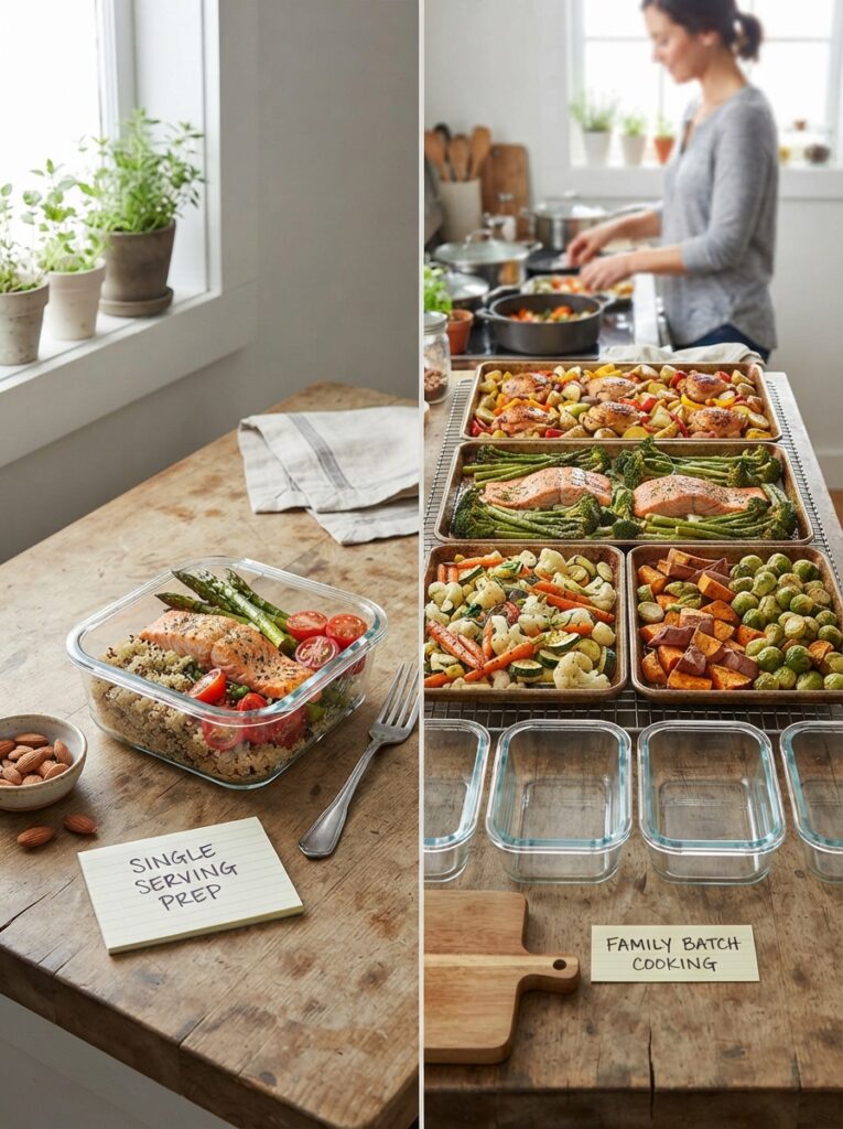 Split image comparing a single container to four sheet pans of food for a family