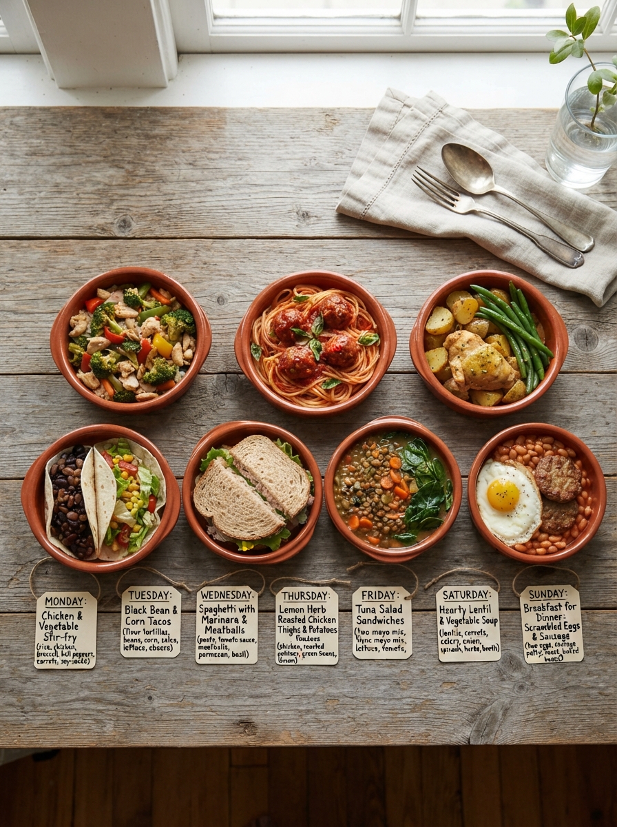 Budget Dinner Recipes Under $10 10 Budget Dinner Recipes Under $10 Seven small bowls arranged in a row, each with a different simple dinner