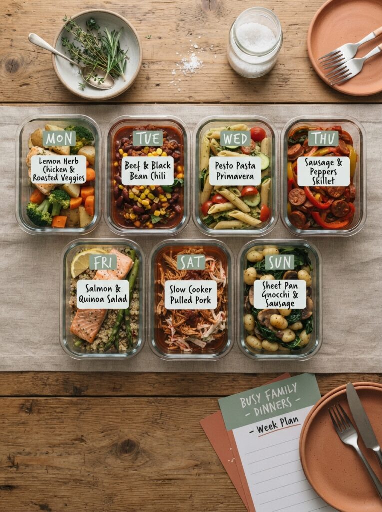 15 Cooking Tips for Busy Families to Save Time, Eat Healthier, and Stress Less 14 15 Cooking Tips for Busy Families to Save Time, Eat Healthier, and Stress Less Seven labeled containers representing a week of family dinners