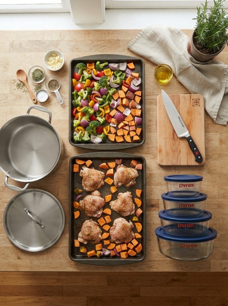 Flat lay of sheet pans, a pot, a knife, and glass containers