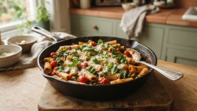 Skillet of one-pot pasta garnished with basil and parmesan