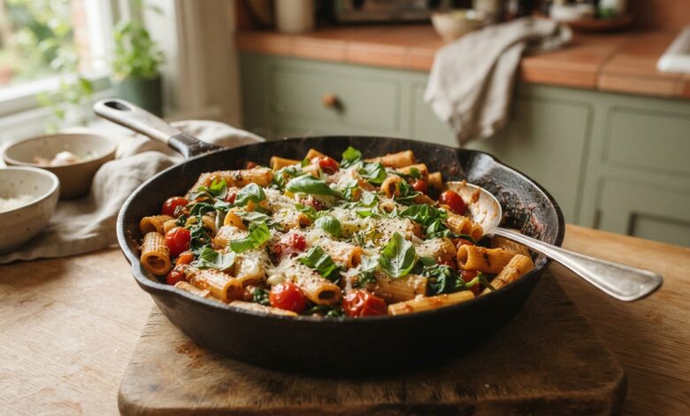 One-Pot Pasta Dinners for Busy Weeknights: 8 Easy Recipes 1 One-Pot Pasta Dinners for Busy Weeknights: 8 Easy Recipes Skillet of one-pot pasta garnished with basil and parmesan