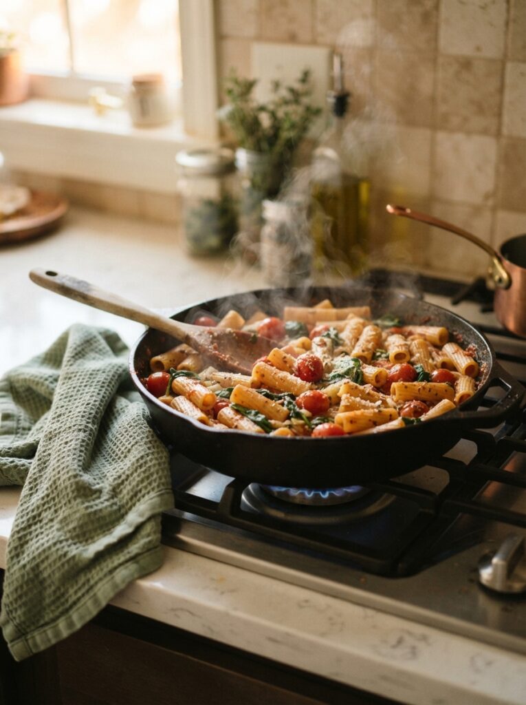 One-Pot Pasta Dinners for Busy Weeknights: 8 Easy Recipes 2 One-Pot Pasta Dinners for Busy Weeknights: 8 Easy Recipes Deep skillet of one-pot pasta on the stovetop with steam rising