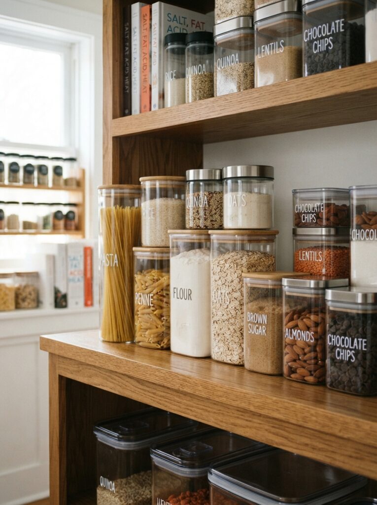Matching glass and acrylic storage containers filled with pantry staples