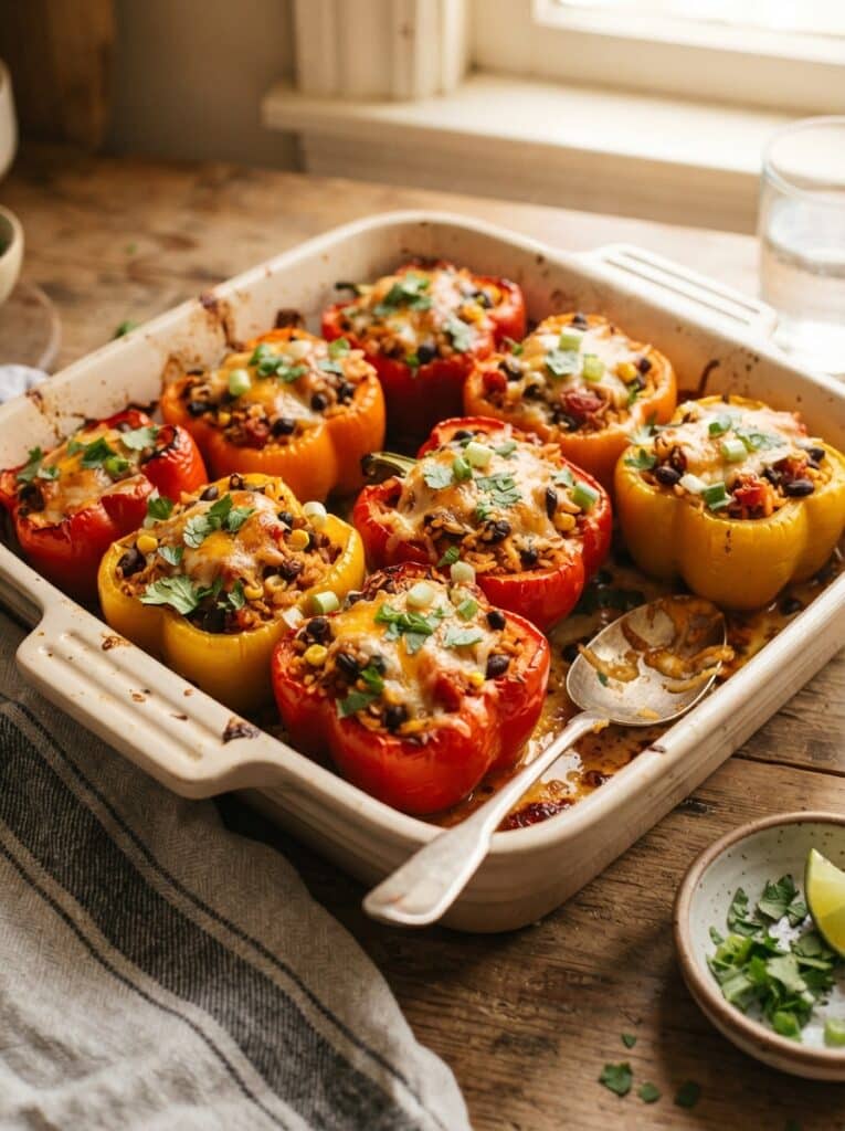 Stuffed bell peppers with rice and black beans in a baking dish