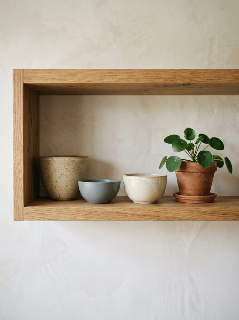 Open Shelving Kitchen Ideas: A Complete Styling and Installation Guide 7 Open Shelving Kitchen Ideas: A Complete Styling and Installation Guide Open shelf styled with three ceramic bowls and a small plant