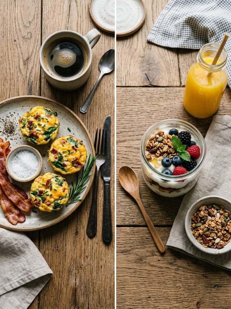 High-Protein Breakfast Ideas for Meal Prep 10 High-Protein Breakfast Ideas for Meal Prep Split image showing a savory egg muffin plate and a sweet yogurt parfait