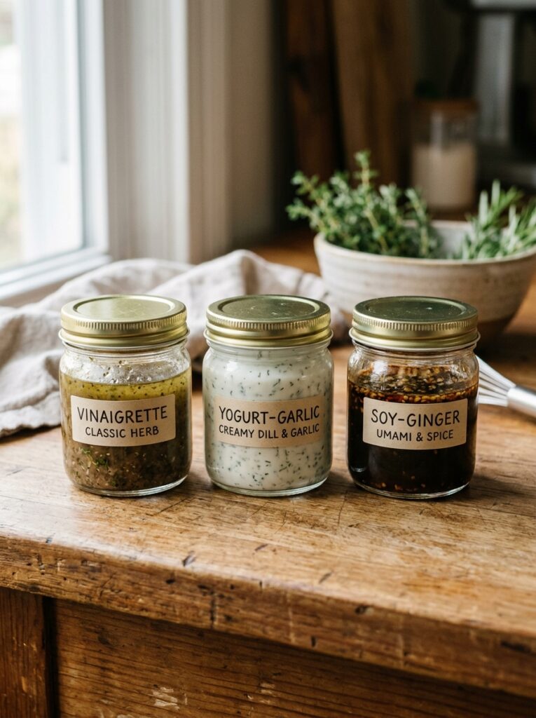 Three small jars of sauce lined up on a counter
