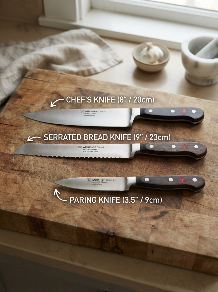 Knife Skills Every Home Cook Should Know 3 Knife Skills Every Home Cook Should Know Three essential knives arranged neatly on a wood cutting board