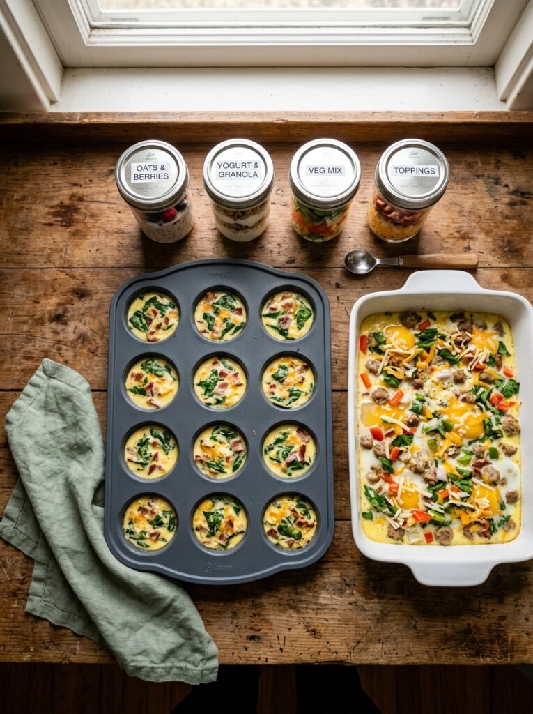 High-Protein Breakfast Ideas for Meal Prep 9 High-Protein Breakfast Ideas for Meal Prep Flat lay of tools for breakfast meal prep including a muffin tin and baking dish