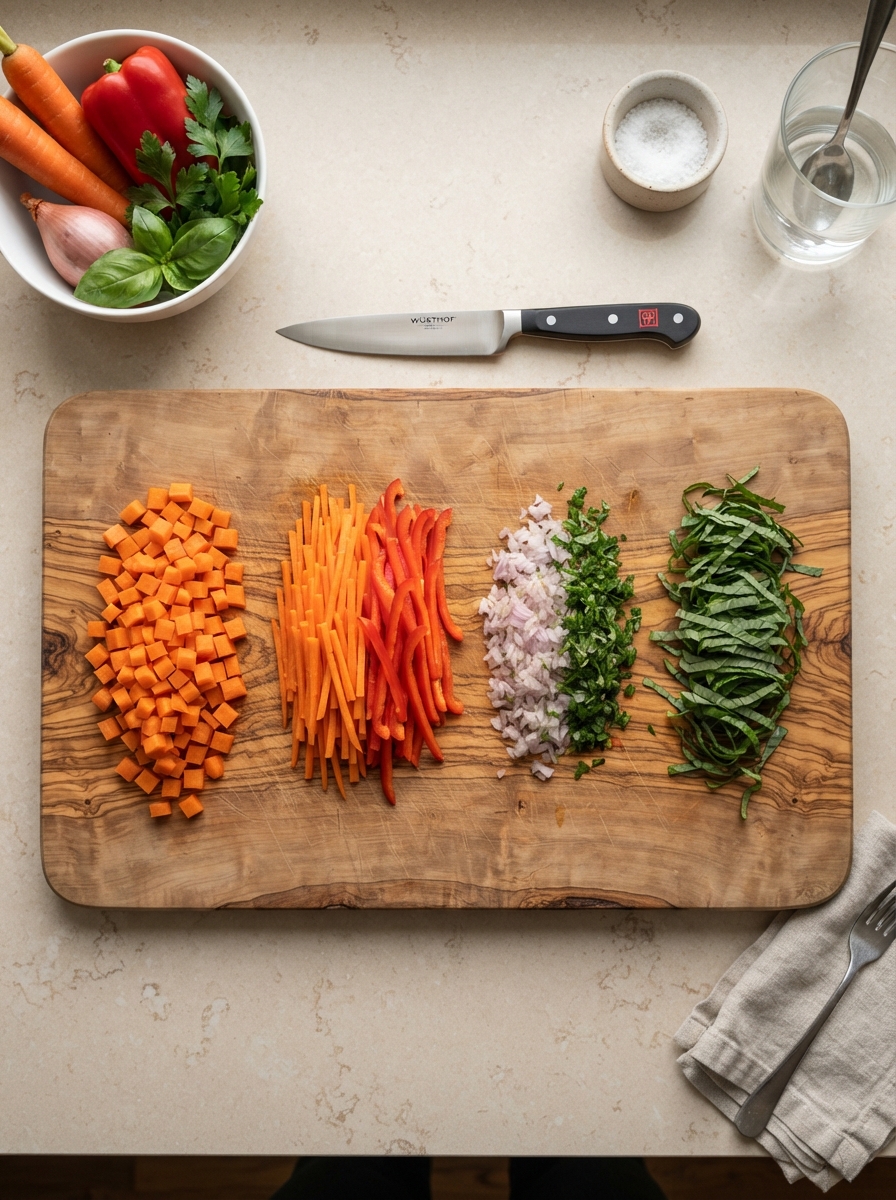 Knife Skills Every Home Cook Should Know 6 Knife Skills Every Home Cook Should Know Overhead flat lay of vegetables cut into dice, julienne, mince, and chiffonade
