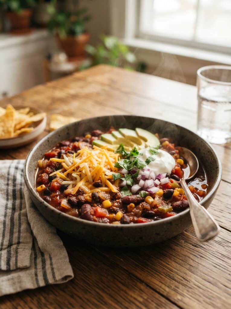 Bowl of vegetarian chili topped with cheese and avocado