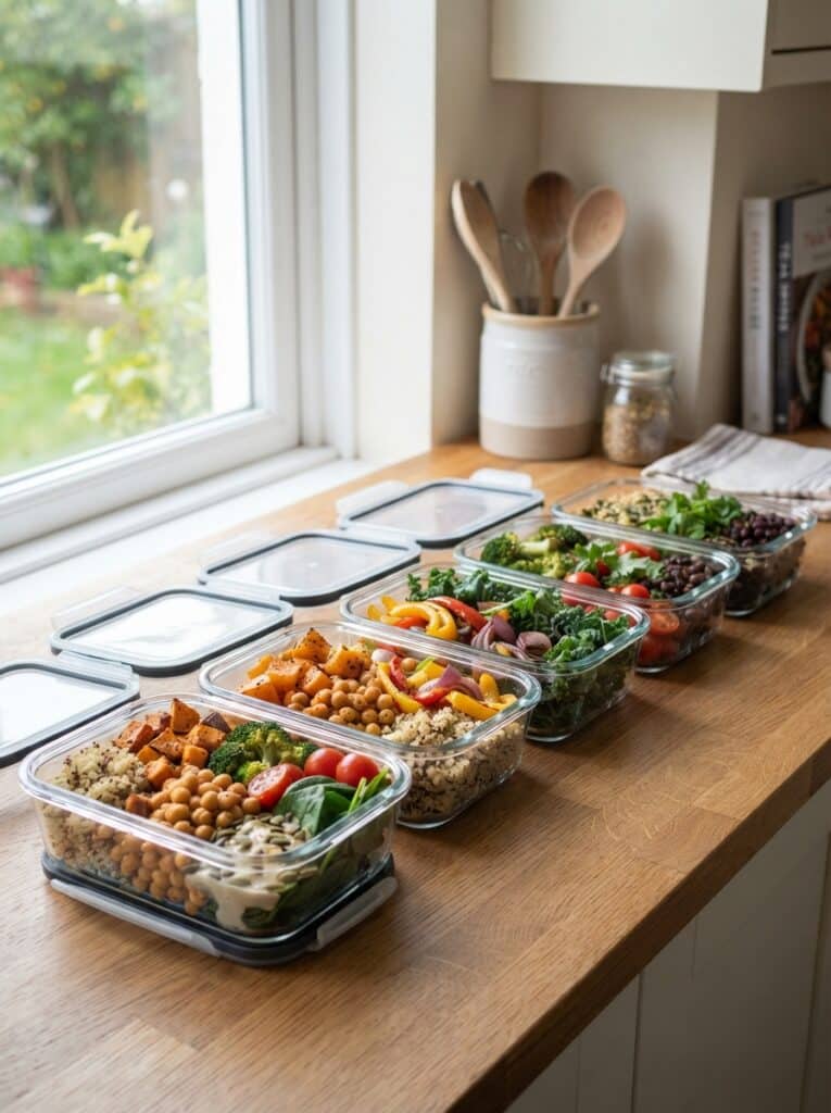 Row of glass meal prep containers filled with colorful vegetarian meals