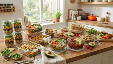 Appetizing spread of vegetarian meal prep containers with colorful grains, vegetables, and beans
