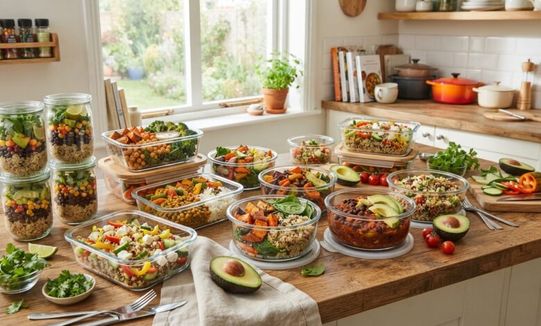 Appetizing spread of vegetarian meal prep containers with colorful grains, vegetables, and beans