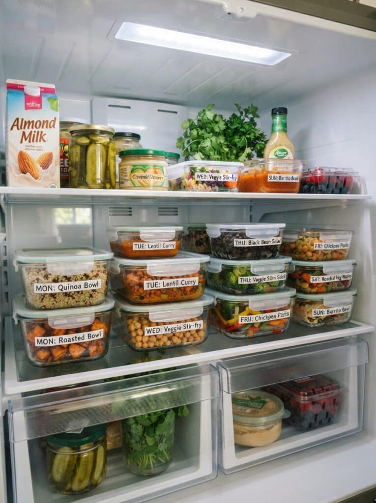 Weekly vegetarian meal prep containers organized in the refrigerator