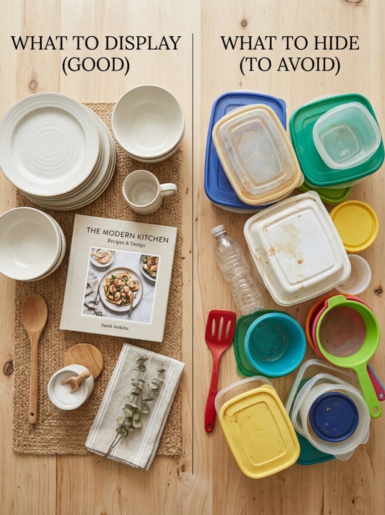 Open Shelving Kitchen Ideas: A Complete Styling and Installation Guide 8 Open Shelving Kitchen Ideas: A Complete Styling and Installation Guide Flat lay comparing cohesive dishware to display versus mismatched items to hide