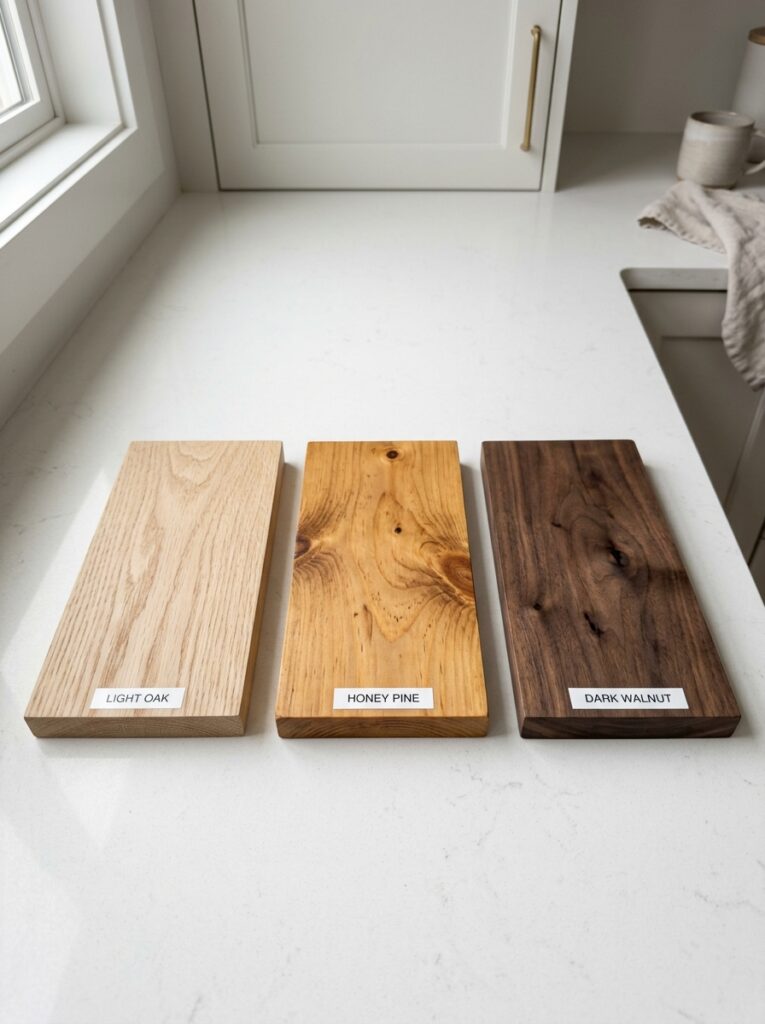 Open Shelving Kitchen Ideas: A Complete Styling and Installation Guide 4 Open Shelving Kitchen Ideas: A Complete Styling and Installation Guide Wood sample boards in different tones against a kitchen wall