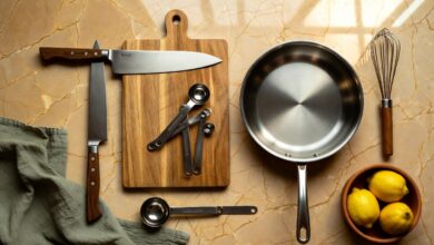 Flat lay of a chef's knife, cutting board, skillet, whisk, and measuring spoons on a marble counter with a bowl of lemons