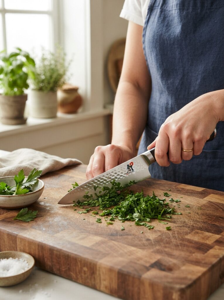 Smaller 6 inch chef's knife being used for precise cutting