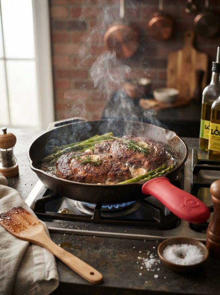 Cast iron skillet with food searing as a gift