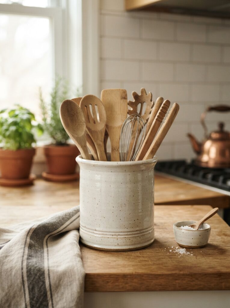 Ceramic utensil crock with wooden cooking tools as a gift