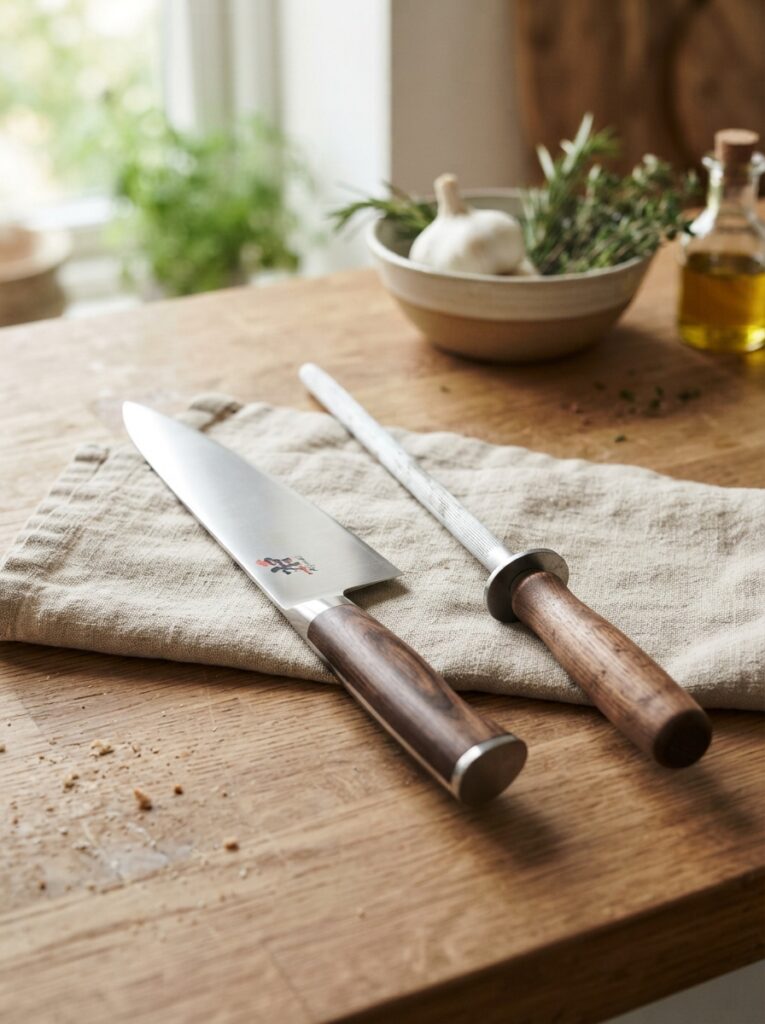 Chef's knife and honing steel bundled together as a starter set