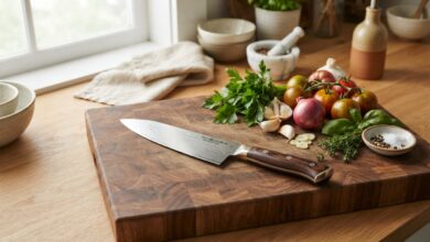 Chef's knife resting on a wood cutting board with vegetables and herbs