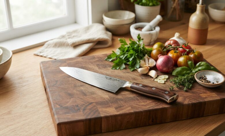 Chef's knife resting on a wood cutting board with vegetables and herbs