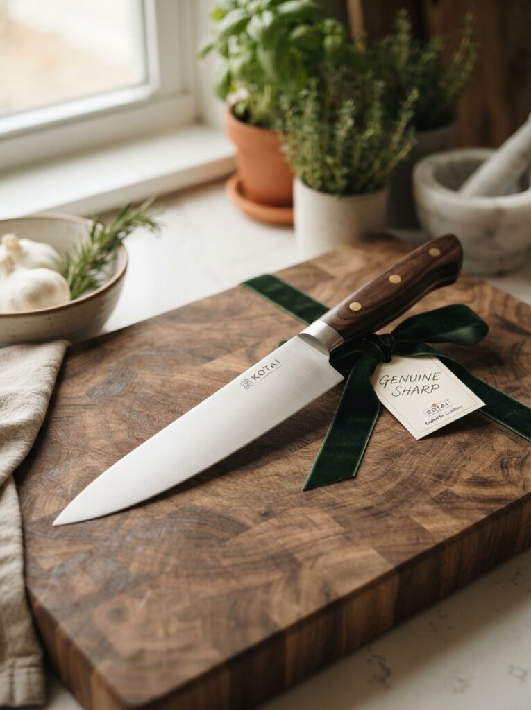 Sharp chef's knife on a wood cutting board as a gift