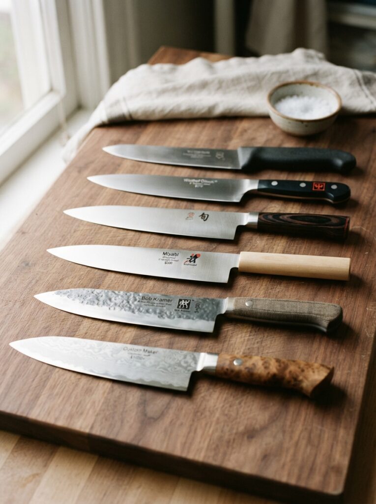 Row of chef's knives at different price points for comparison