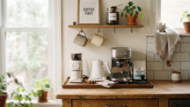 Cozy coffee corner with a compact coffee maker, mugs, and canister of beans