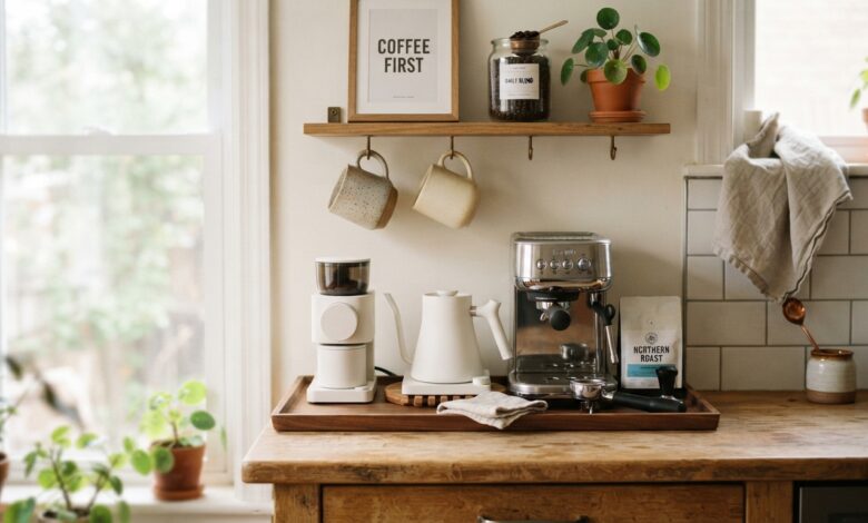 Best Coffee Makers for Small Kitchens: A Space-Smart Buying Guide 1 Best Coffee Makers for Small Kitchens: A Space-Smart Buying Guide Cozy coffee corner with a compact coffee maker, mugs, and canister of beans