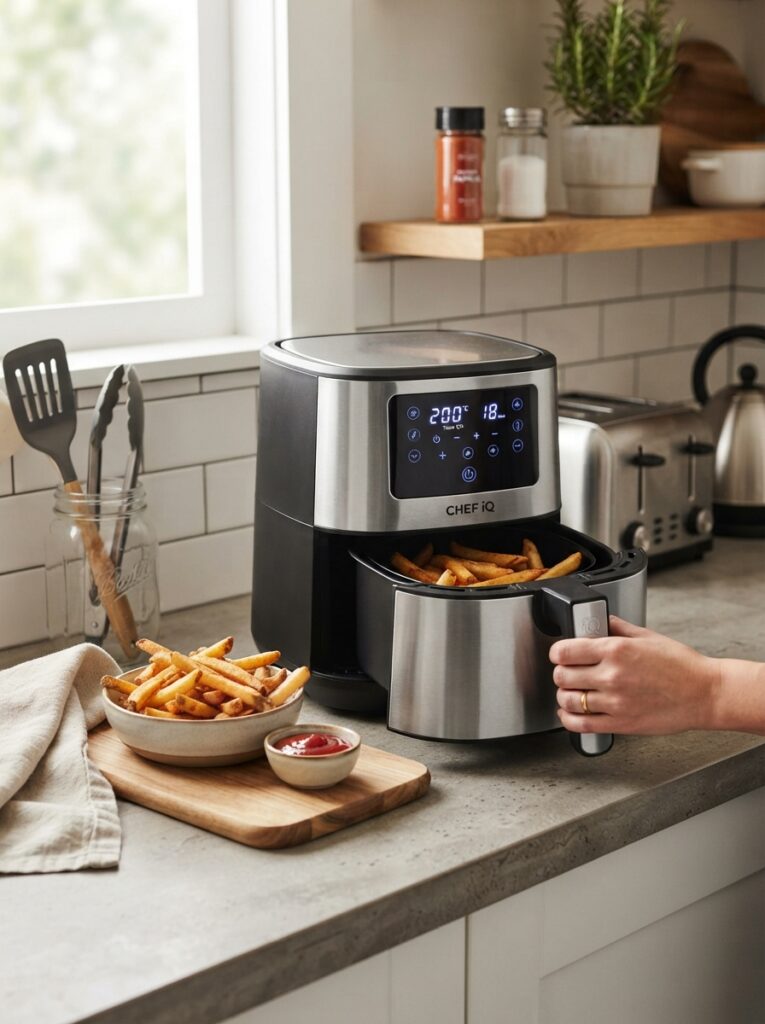 Compact air fryer on a kitchen counter as a gift