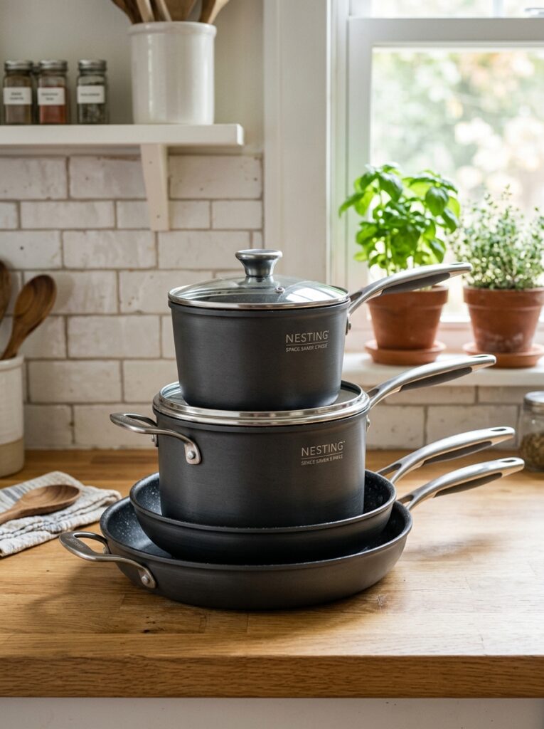 Best Non-Stick Cookware Sets for Beginners: A Buying Guide 4 Best Non-Stick Cookware Sets for Beginners: A Buying Guide Compact 5 piece nonstick cookware set stacked to save space