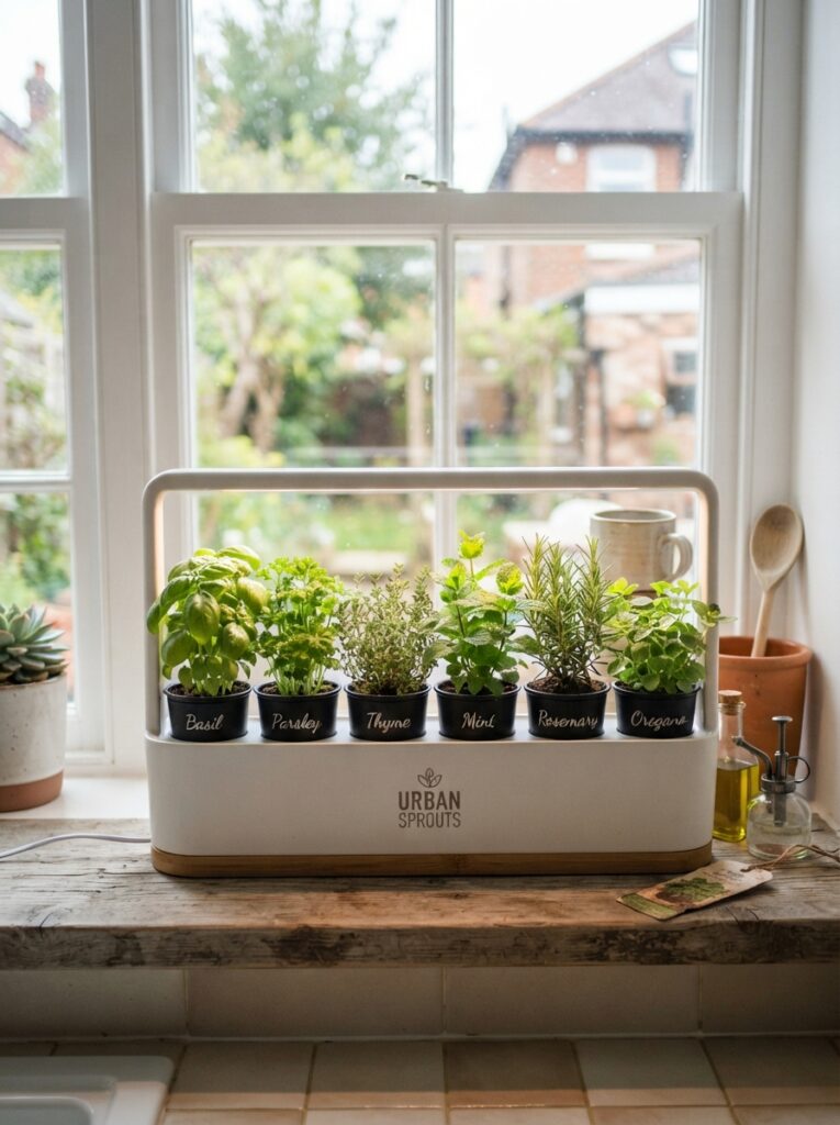 Countertop herb garden kit growing on a windowsill as a gift