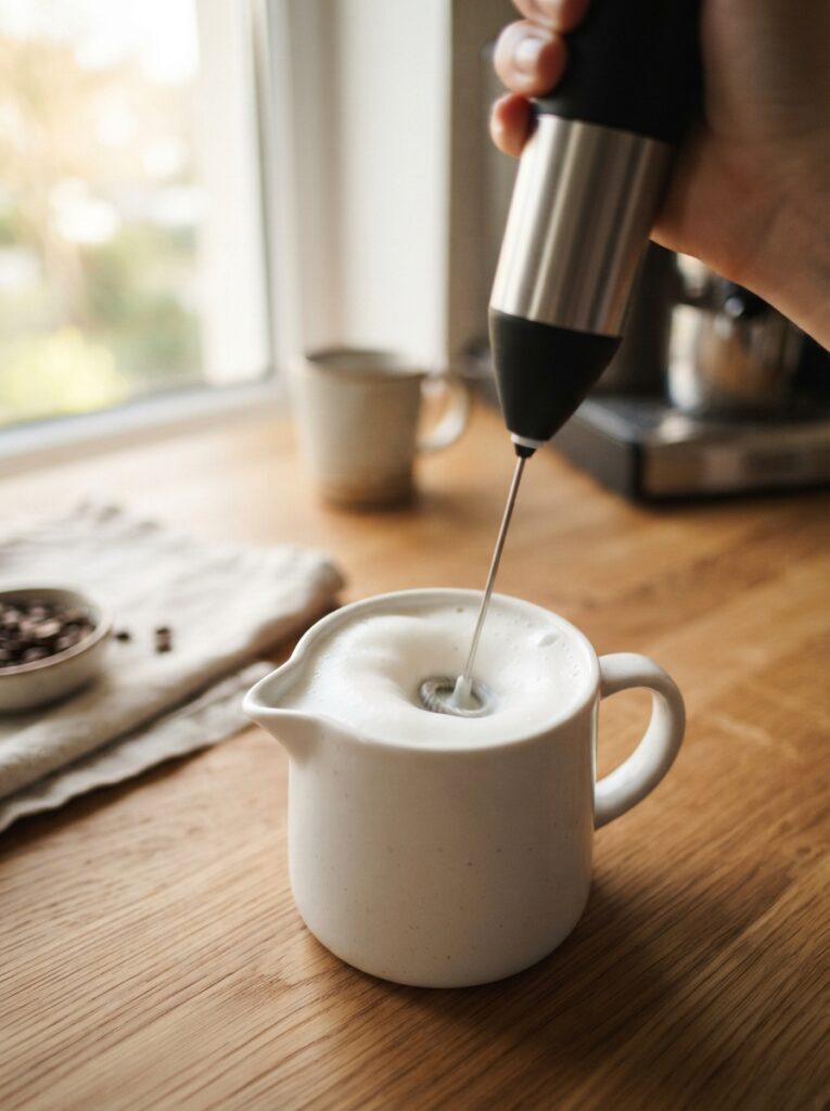 Electric milk frother making latte foam as a gift