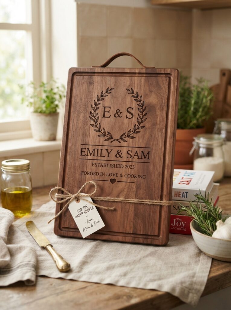 Personalized engraved wood cutting board as a gift
