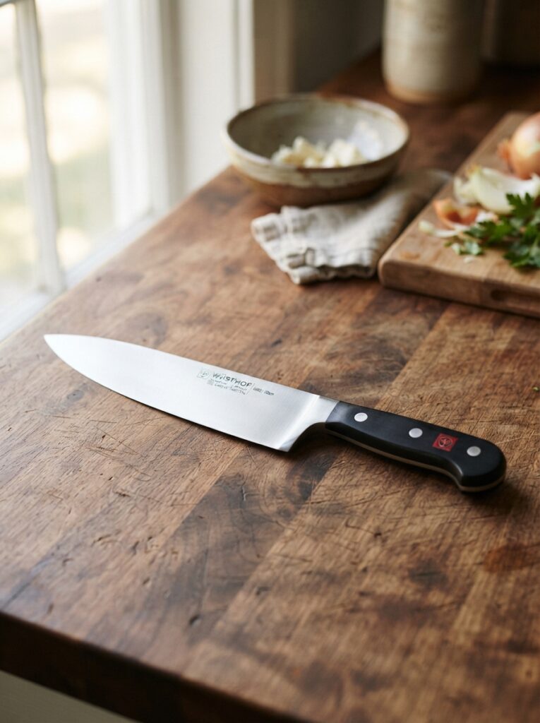 German-style stainless steel chef's knife on a wood counter