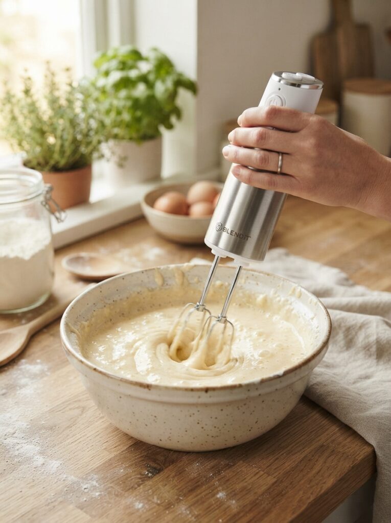 Mini hand mixer whisking batter as a gift