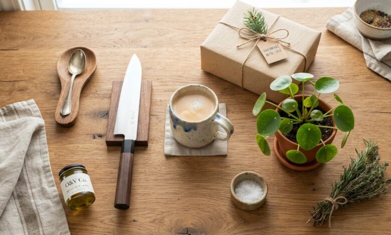 Appealing flat lay of assorted kitchen gift items