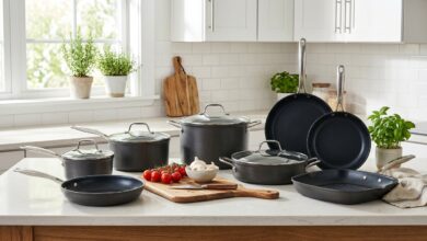 Matching set of nonstick pots and pans on a kitchen counter