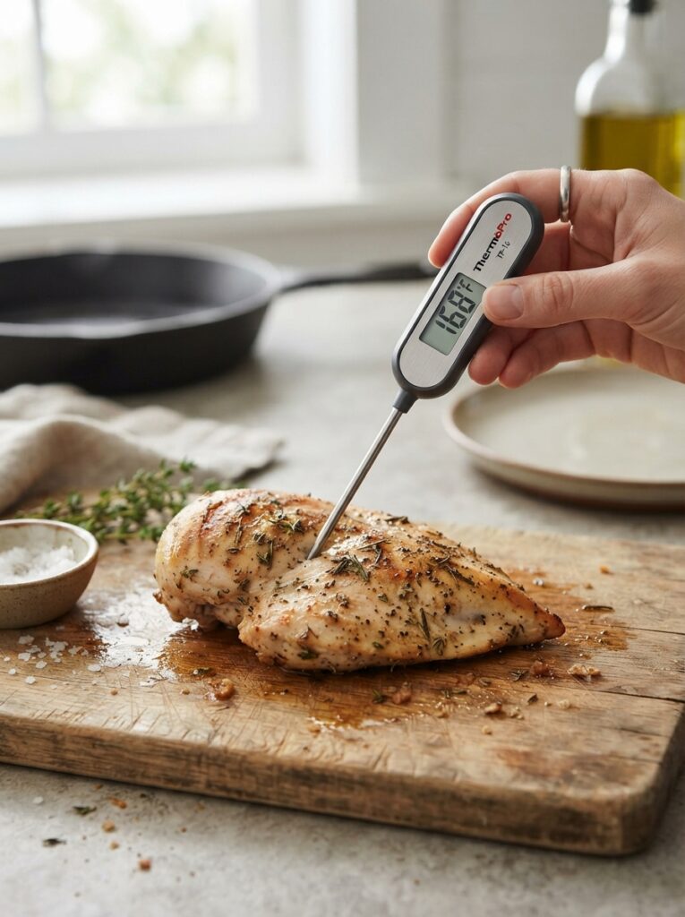 Instant read meat thermometer checking chicken temperature as a gift