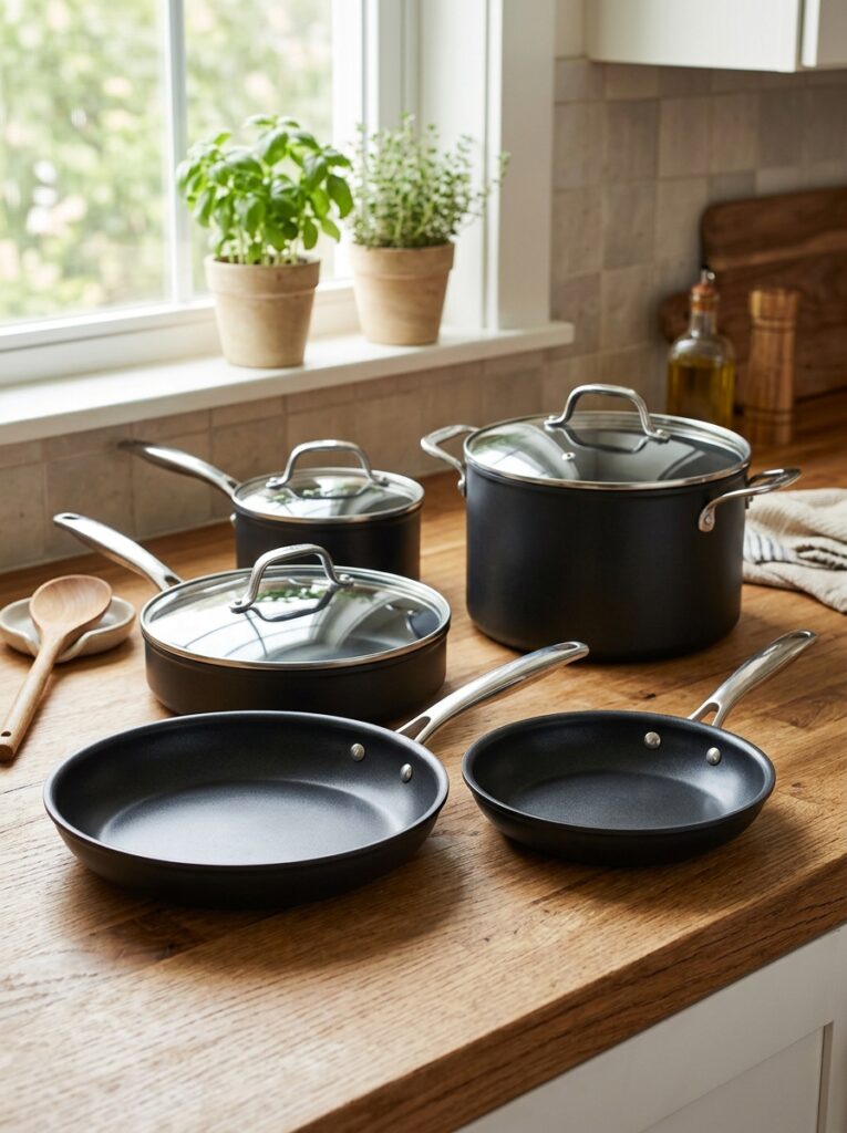 Best Non-Stick Cookware Sets for Beginners: A Buying Guide 2 Best Non-Stick Cookware Sets for Beginners: A Buying Guide Nonstick cookware set with pans and pots arranged on a counter