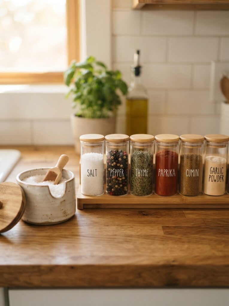 Salt cellar and organized spice jars as a gift