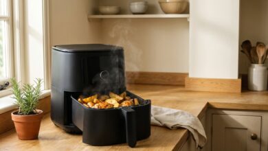 Black digital air fryer on a wooden kitchen counter with roasted vegetables and chicken in the open basket
